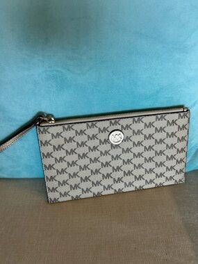 Michael Kors Gray MK Monogram Zip Wristlet with Gold Logo